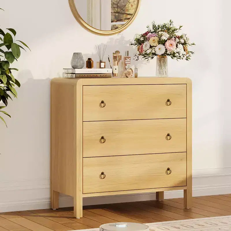 Curved Drawer Dresser for Bedroom, Chest of Drawers with Metal Handles, Modern Wood Dresser Storage Cabinet for Closet, Living Room