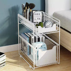 White 2-Tier Pull Out Cabinet Organizer,Heavy Duty Slide Out Pantry Shelves Drawer Storage Fixed with Adhesive Film, Basket for Kitchen Bathroom Home