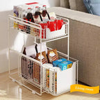Organisateur de placard coulissant à 2 niveaux blanc, étagères de garde-manger coulissantes robustes avec film adhésif, panier pour cuisine, salle de bain, maison