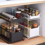Organisateur de placard coulissant à 2 niveaux blanc, étagères de garde-manger coulissantes robustes avec film adhésif, panier pour cuisine, salle de bain, maison