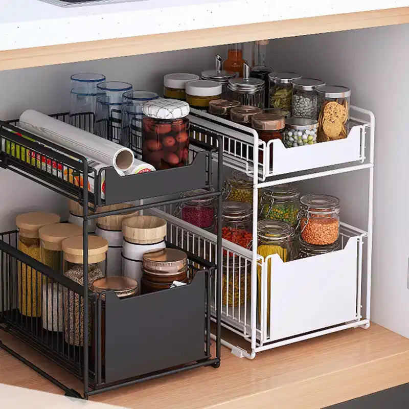 Organisateur de placard coulissant à 2 niveaux blanc, étagères de garde-manger coulissantes robustes avec film adhésif, panier pour cuisine, salle de bain, maison