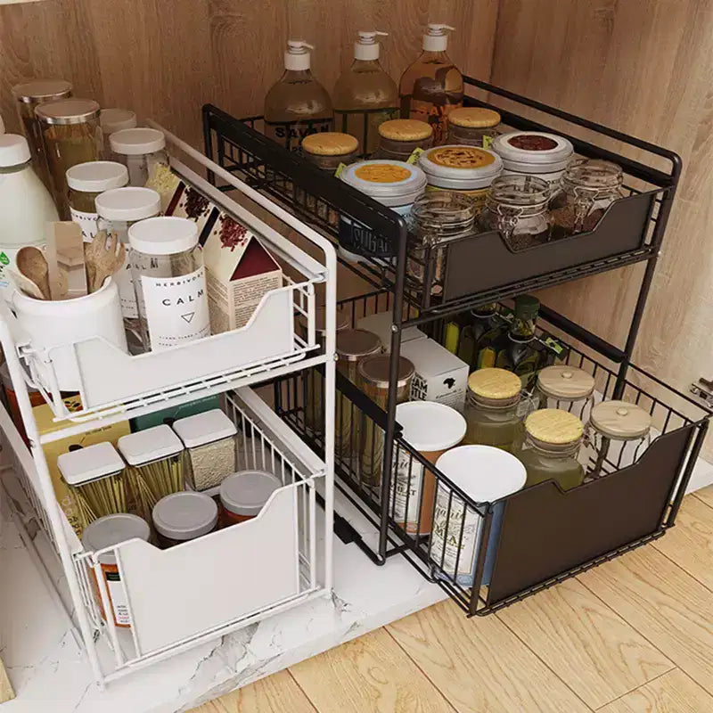 Organisateur de placard coulissant à 2 niveaux blanc, étagères de garde-manger coulissantes robustes avec film adhésif, panier pour cuisine, salle de bain, maison