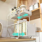 Organisateur de placard coulissant à 2 niveaux blanc, étagères de garde-manger coulissantes robustes avec film adhésif, panier pour cuisine, salle de bain, maison