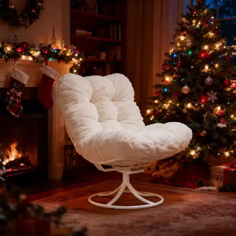 Fauteuil lounge rotatif 360° surdimensionné avec base à bascule en métal, Fauteuil à bascule Papasan en rotin d'hiver avec coussin épais et moelleux de 6,3 po