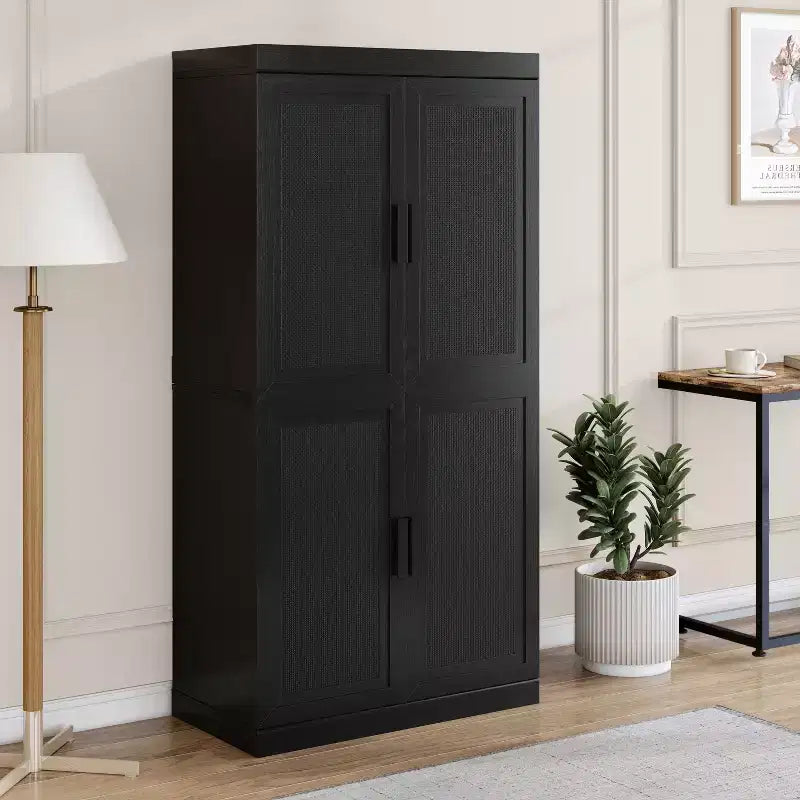 31 Armoire de buffet modulaire avec rangement, buffet de ferme moderne avec portes en rotin pour salon, cuisine, salle à manger, entrée, noir