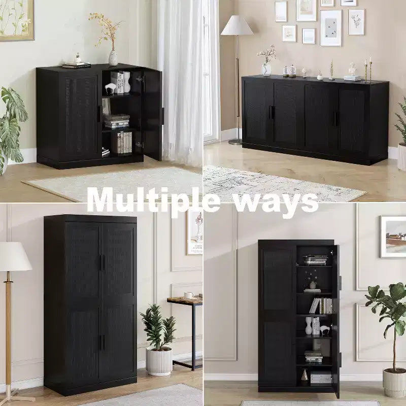 31 Armoire de buffet modulaire avec rangement, buffet de ferme moderne avec portes en rotin pour salon, cuisine, salle à manger, entrée, noir