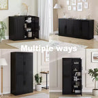 31 Armoire de buffet modulaire avec rangement, buffet de ferme moderne avec portes en rotin pour salon, cuisine, salle à manger, entrée, noir