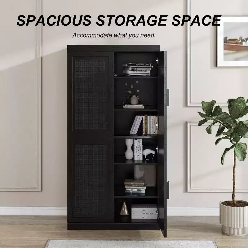 31 Armoire de buffet modulaire avec rangement, buffet de ferme moderne avec portes en rotin pour salon, cuisine, salle à manger, entrée, noir