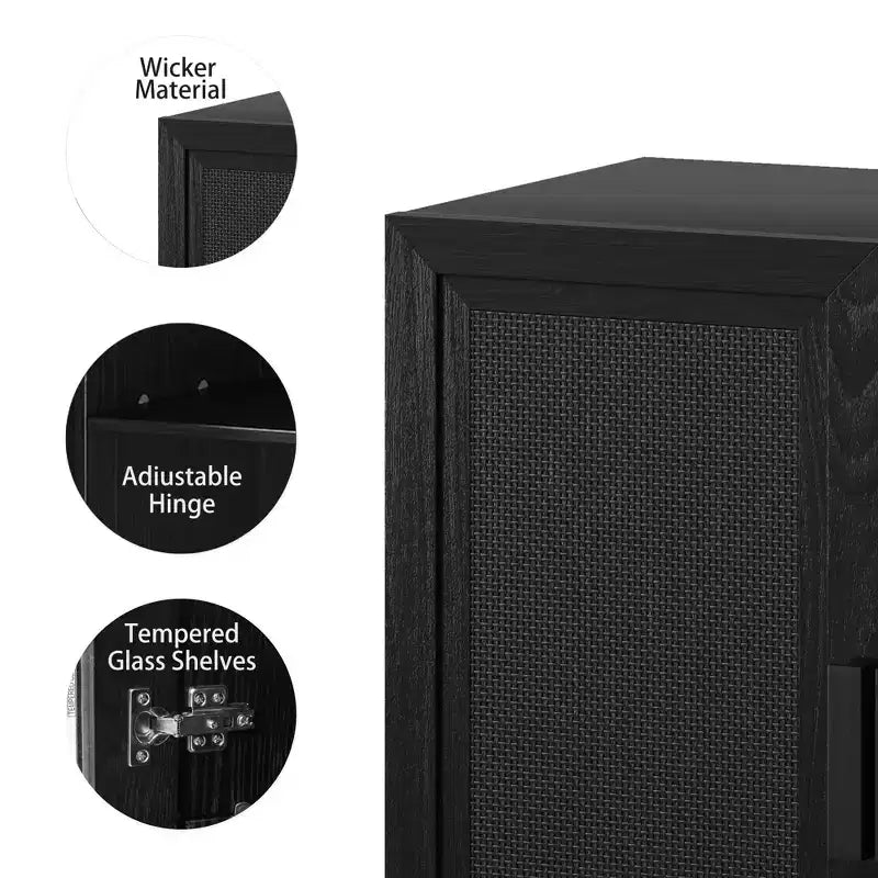 31 Armoire de buffet modulaire avec rangement, buffet de ferme moderne avec portes en rotin pour salon, cuisine, salle à manger, entrée, noir