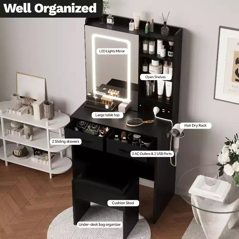 Petite coiffeuse avec miroir et lumières, table de maquillage avec 2 tiroirs, étagères ouvertes et tabouret, coiffeuse pour chambre à coucher