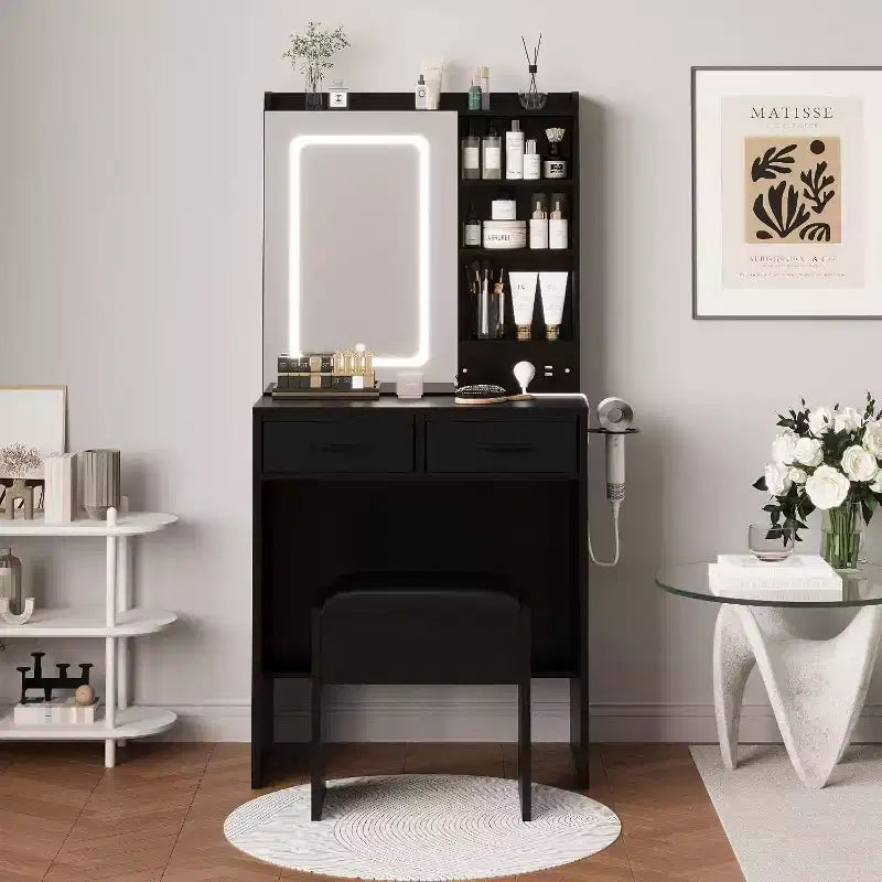 Petite coiffeuse avec miroir et lumières, table de maquillage avec 2 tiroirs, étagères ouvertes et tabouret, coiffeuse pour chambre à coucher