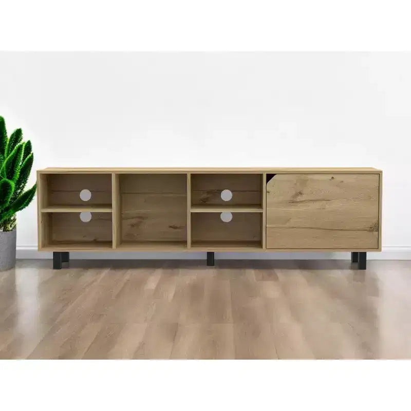 Meuble TV avec 71 rangements ouverts et fermés en bois naturel