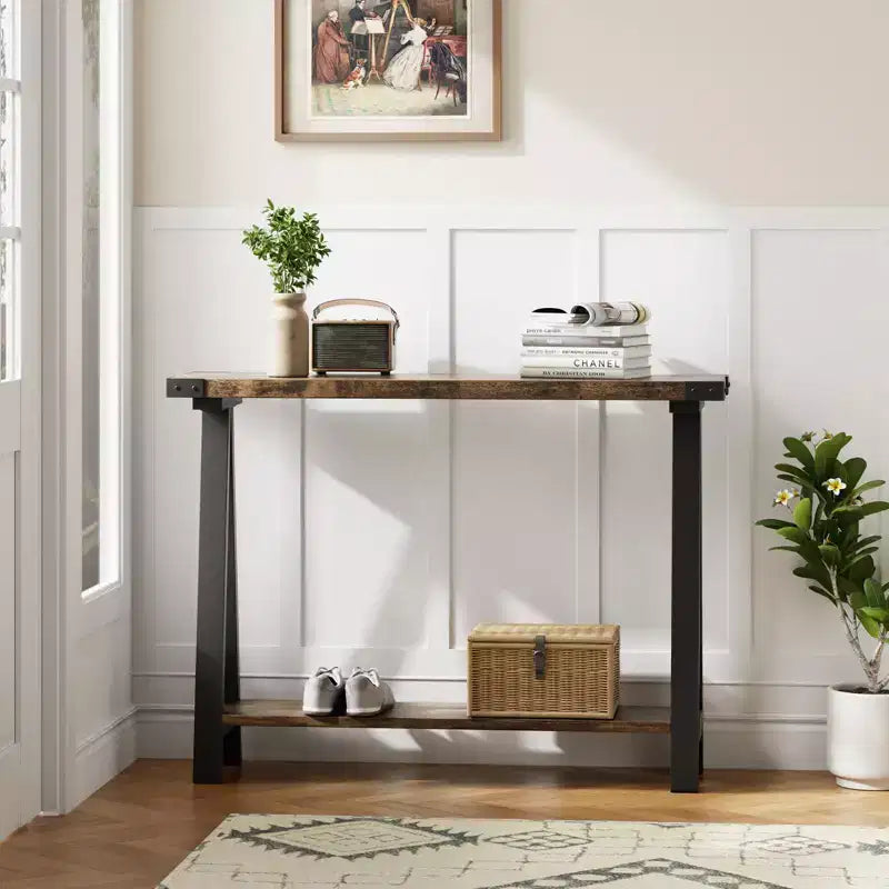 Console 2 niveaux avec rangement, Table d'entrée de style rustique 110 cm avec cadre en métal et MDF, Table basse étroite derrière le canapé pour le salon