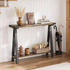 Console 2 niveaux avec rangement, Table d'entrée de style rustique 110 cm avec cadre en métal et MDF, Table basse étroite derrière le canapé pour le salon