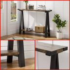 Console 2 niveaux avec rangement, Table d'entrée de style rustique 110 cm avec cadre en métal et MDF, Table basse étroite derrière le canapé pour le salon