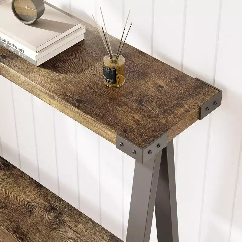 Console 2 niveaux avec rangement, Table d'entrée de style rustique 110 cm avec cadre en métal et MDF, Table basse étroite derrière le canapé pour le salon