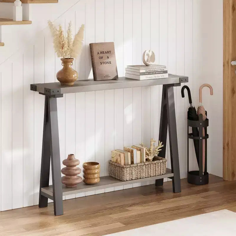 Console 2 niveaux avec rangement, Table d'entrée de style rustique 110 cm avec cadre en métal et MDF, Table basse étroite derrière le canapé pour le salon