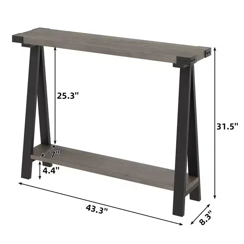 Console 2 niveaux avec rangement, Table d'entrée de style rustique 110 cm avec cadre en métal et MDF, Table basse étroite derrière le canapé pour le salon
