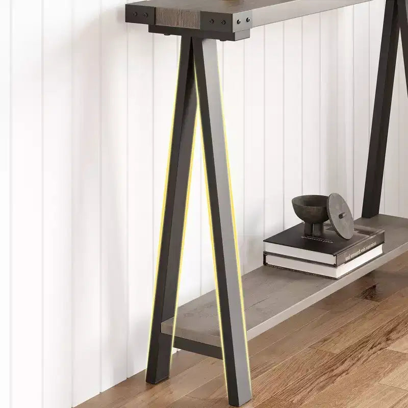 Console 2 niveaux avec rangement, Table d'entrée de style rustique 110 cm avec cadre en métal et MDF, Table basse étroite derrière le canapé pour le salon