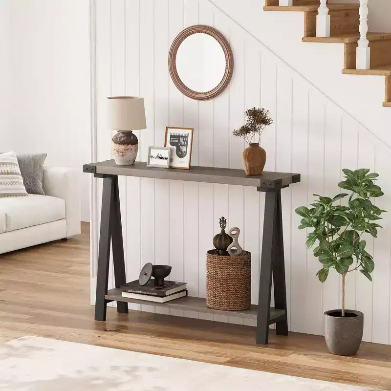 Console 2 niveaux avec rangement, Table d'entrée de style rustique 110 cm avec cadre en métal et MDF, Table basse étroite derrière le canapé pour le salon