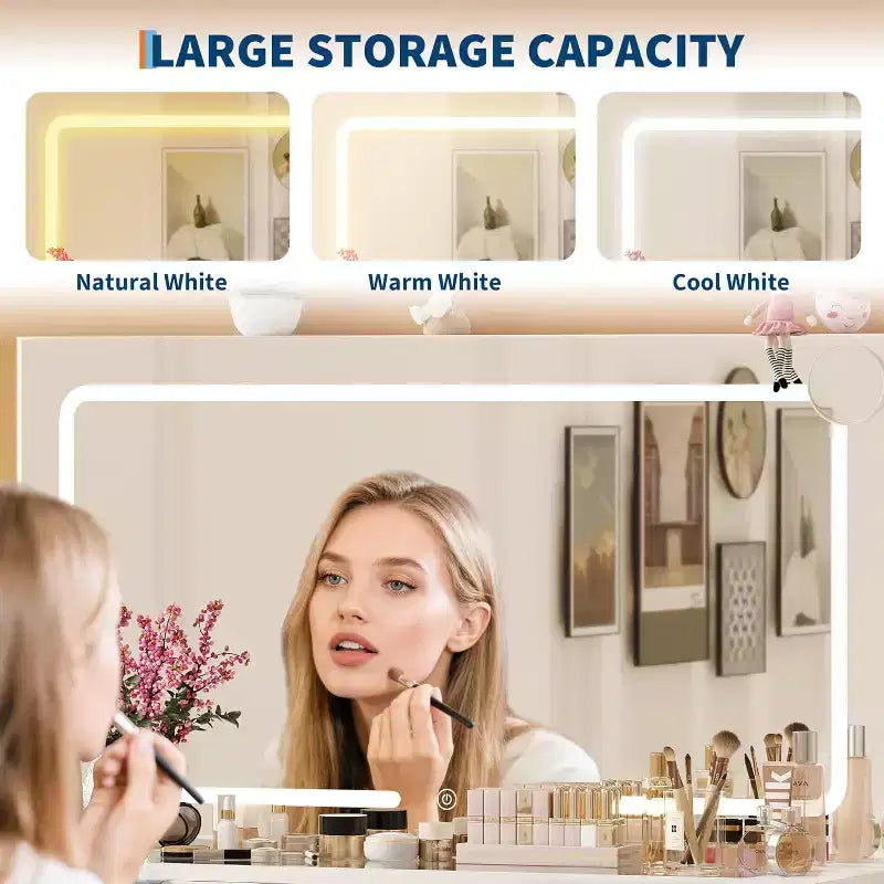Coiffeuse de maquillage moderne 46 avec miroir, avec plateau en verre, miroir grossissant, support pour sèche-cheveux 10 tiroirs et tabouret pour chambre à coucher, vestiaire