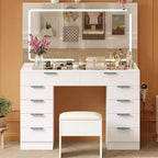 Coiffeuse de maquillage moderne 46 avec miroir, avec plateau en verre, miroir grossissant, support pour sèche-cheveux 10 tiroirs et tabouret pour chambre à coucher, vestiaire