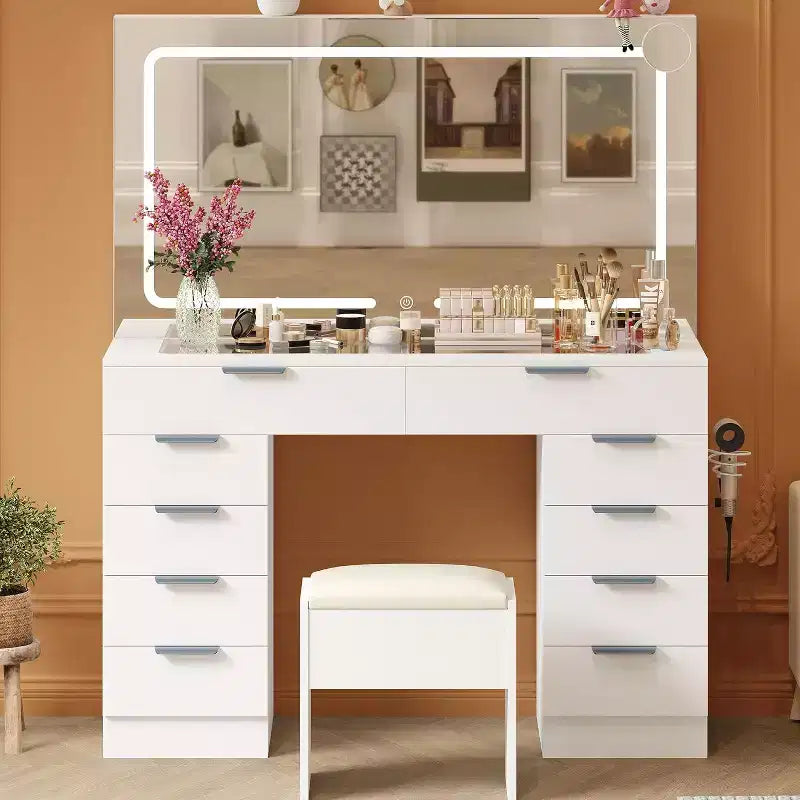 Coiffeuse de maquillage moderne 46 avec miroir, avec plateau en verre, miroir grossissant, support pour sèche-cheveux 10 tiroirs et tabouret pour chambre à coucher, vestiaire