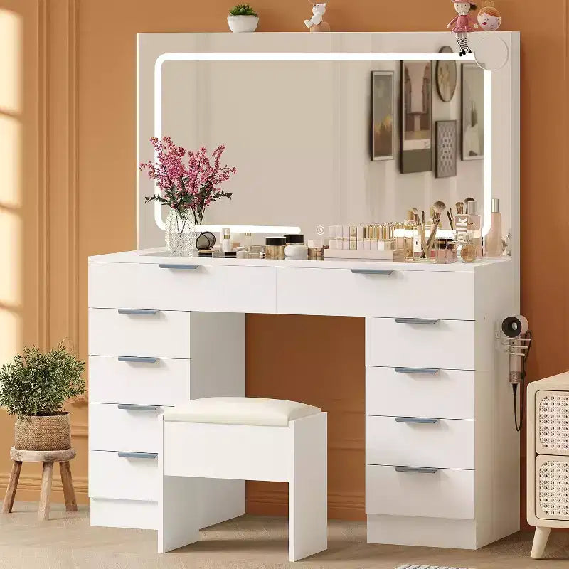 Coiffeuse de maquillage moderne 46 avec miroir, avec plateau en verre, miroir grossissant, support pour sèche-cheveux 10 tiroirs et tabouret pour chambre à coucher, vestiaire