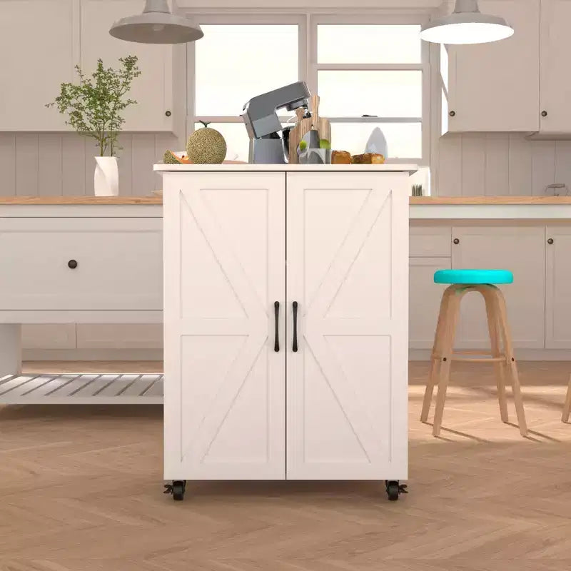 Okak Farmhouse Kitchen Island with 2 Cabinet Doors, Kitchen Cart with Ample Storage Space, Kitchen Island On Wheels for Kitchen, Dining Room, White