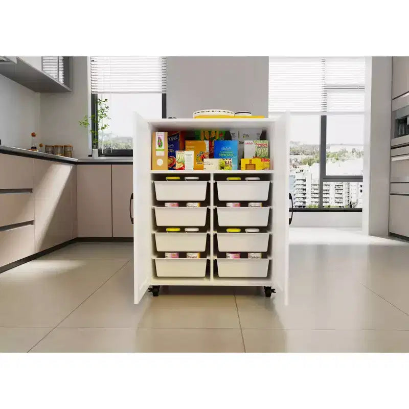 Îlot de cuisine de ferme avec 2 portes de placard, chariot de cuisine avec grand espace de rangement, îlot de cuisine sur roulettes pour la cuisine, la salle à manger, blanc