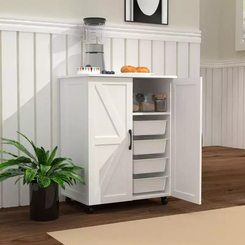 Îlot de cuisine de ferme avec 2 portes de placard, chariot de cuisine avec grand espace de rangement, îlot de cuisine sur roulettes pour la cuisine, la salle à manger, blanc