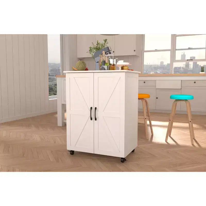 Îlot de cuisine de ferme avec 2 portes de placard, chariot de cuisine avec grand espace de rangement, îlot de cuisine sur roulettes pour la cuisine, la salle à manger, blanc