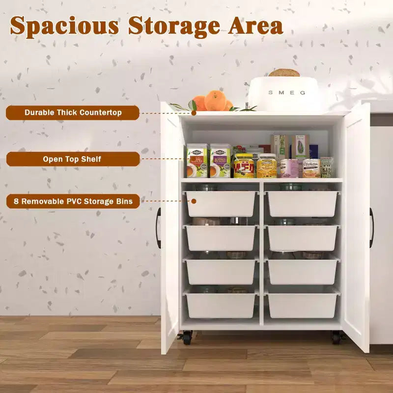 Îlot de cuisine de ferme avec 2 portes de placard, chariot de cuisine avec grand espace de rangement, îlot de cuisine sur roulettes pour la cuisine, la salle à manger, blanc