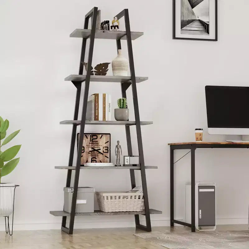 Étagère échelle industrielle à 5 niveaux – Meuble de rangement moderne rustique en bois et métal pour salon et bureau à domicile