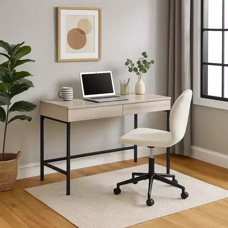 Bureau en bois avec 2 tiroirs et cadre en métal, blanc délavé et noir