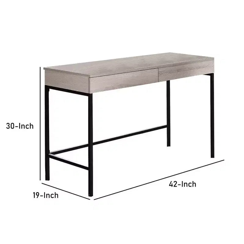 Bureau en bois avec 2 tiroirs et cadre en métal, blanc délavé et noir