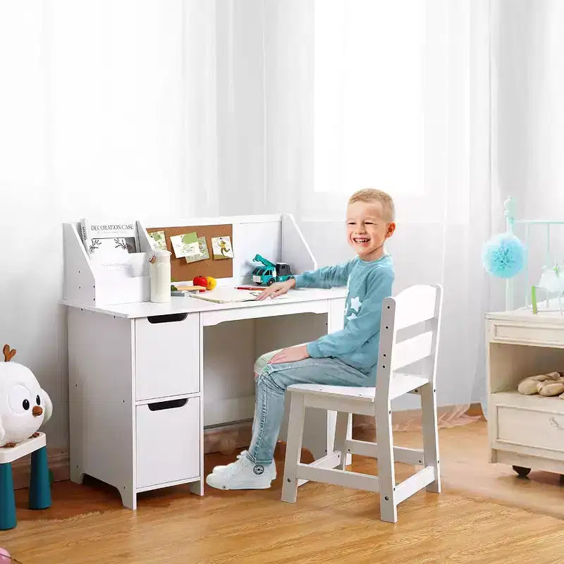 Bureau et chaise d'étude, bureau d'apprentissage pour enfants - Comprend une étagère à livres, un tableau d'affichage, des armoires - Parfait pour les enfants de 3 à 8 ans