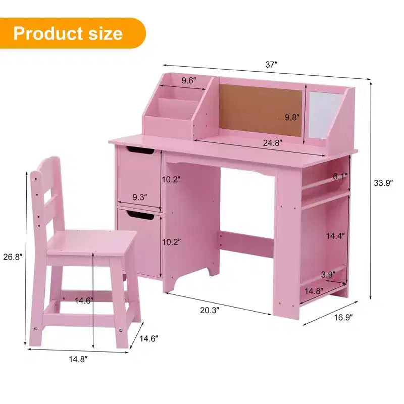 Bureau et chaise d'étude, bureau d'apprentissage pour enfants - Comprend une étagère à livres, un tableau d'affichage, des armoires - Parfait pour les enfants de 3 à 8 ans