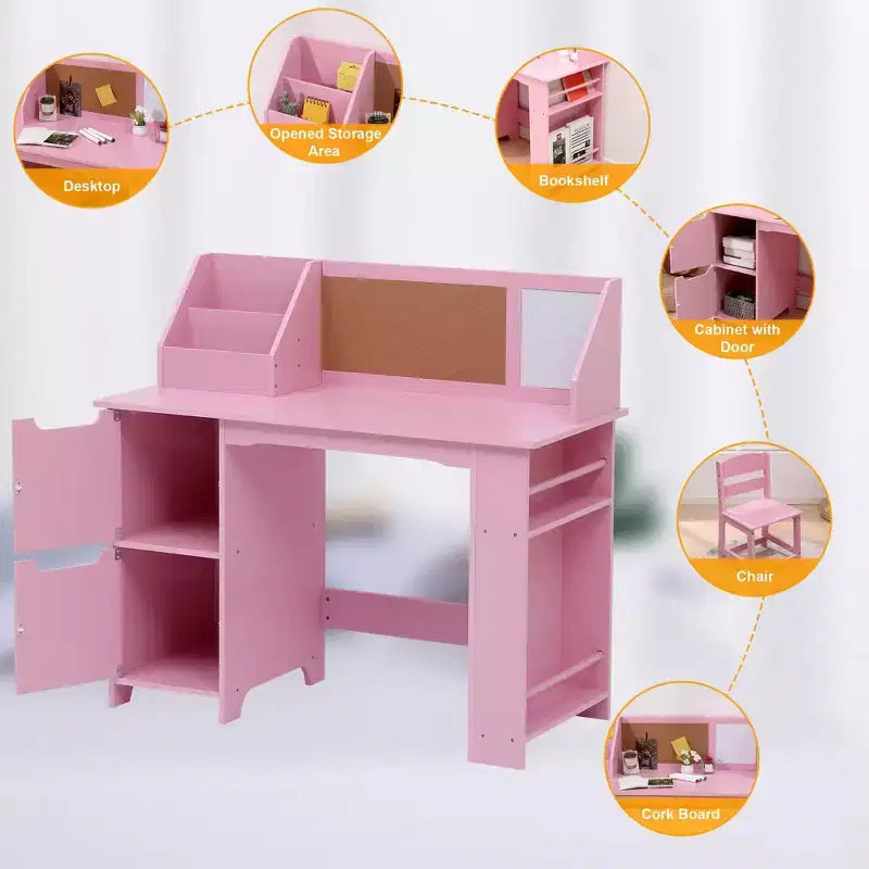 Bureau et chaise d'étude, bureau d'apprentissage pour enfants - Comprend une étagère à livres, un tableau d'affichage, des armoires - Parfait pour les enfants de 3 à 8 ans