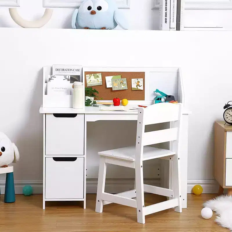 Bureau et chaise d'étude, bureau d'apprentissage pour enfants - Comprend une étagère à livres, un tableau d'affichage, des armoires - Parfait pour les enfants de 3 à 8 ans