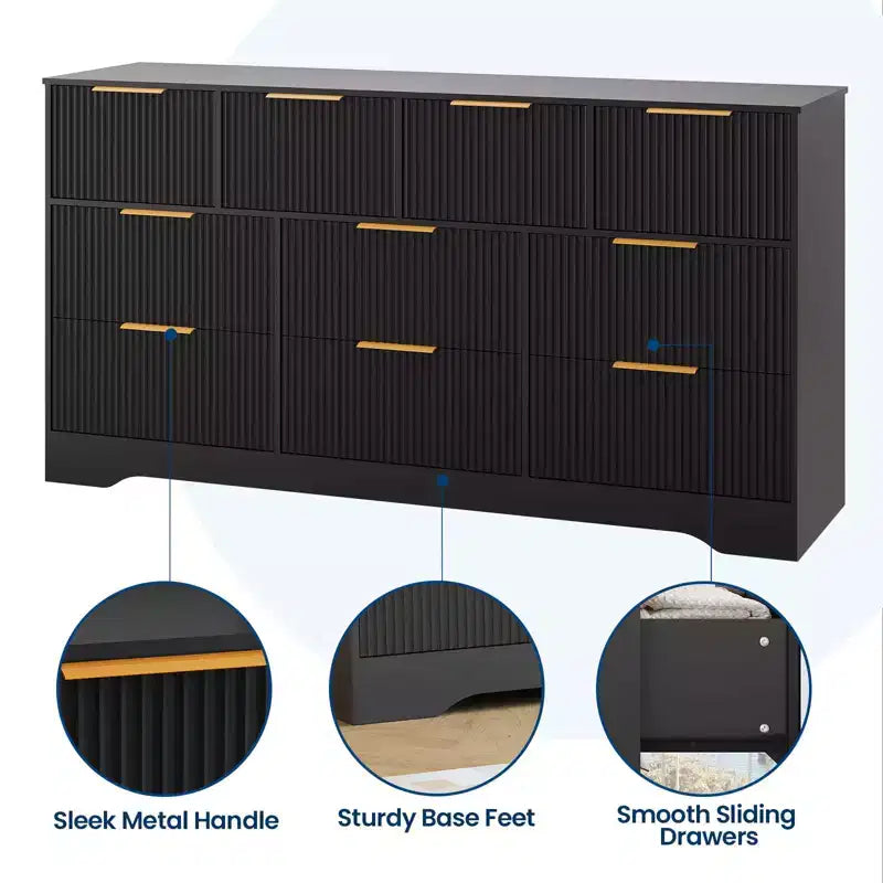 Commode cannelée pour chambre à coucher avec 10 tiroirs, commode moderne de 150 cm de large avec cadre en bois, meuble TV, organisateur de rangement de vêtements en bois