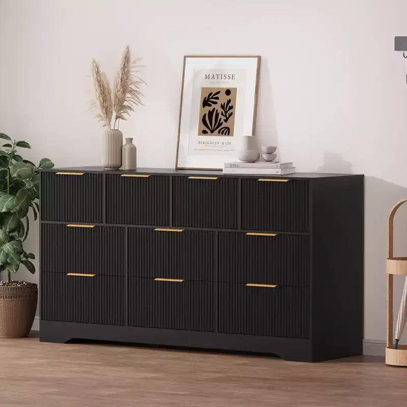 Commode cannelée pour chambre à coucher avec 10 tiroirs, commode moderne de 150 cm de large avec cadre en bois, meuble TV, organisateur de rangement de vêtements en bois