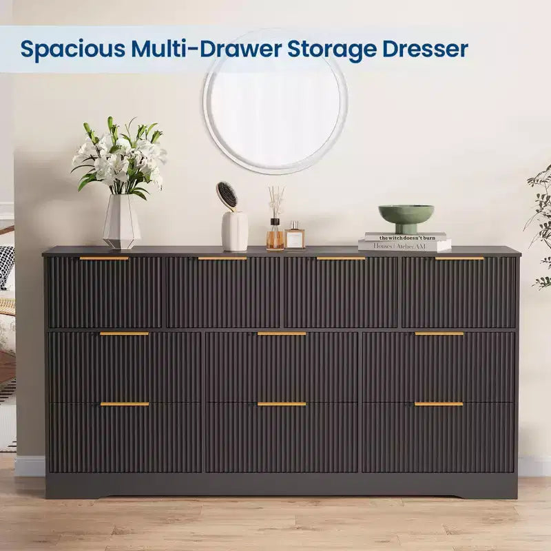 Commode cannelée pour chambre à coucher avec 10 tiroirs, commode moderne de 150 cm de large avec cadre en bois, meuble TV, organisateur de rangement de vêtements en bois