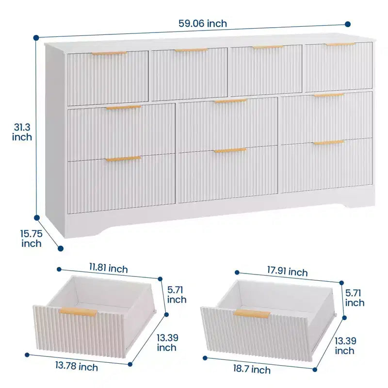 Commode cannelée pour chambre à coucher avec 10 tiroirs, commode moderne de 150 cm de large avec cadre en bois, meuble TV, organisateur de rangement de vêtements en bois