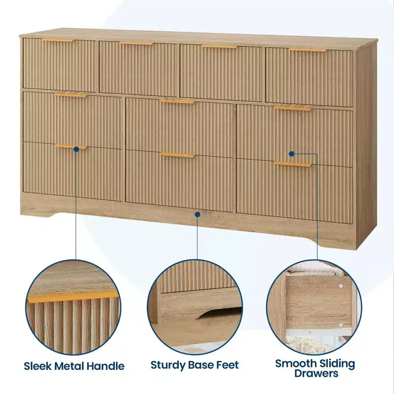 Commode cannelée pour chambre à coucher avec 10 tiroirs, commode moderne de 150 cm de large avec cadre en bois, meuble TV, organisateur de rangement de vêtements en bois