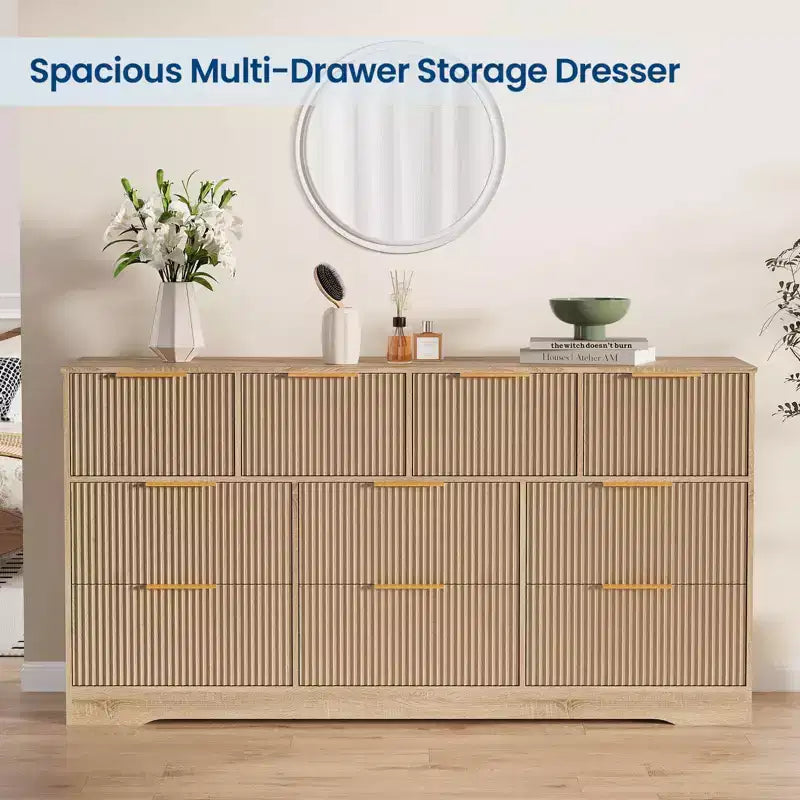 Commode cannelée pour chambre à coucher avec 10 tiroirs, commode moderne de 150 cm de large avec cadre en bois, meuble TV, organisateur de rangement de vêtements en bois