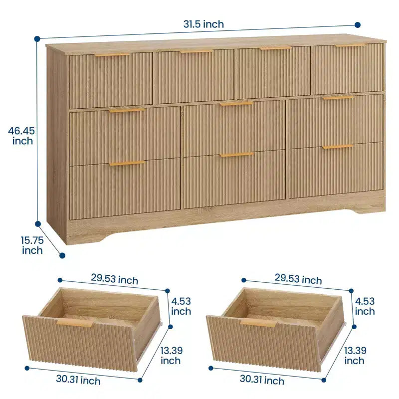 Commode cannelée pour chambre à coucher avec 10 tiroirs, commode moderne de 150 cm de large avec cadre en bois, meuble TV, organisateur de rangement de vêtements en bois