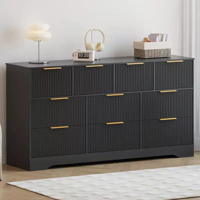 Commode cannelée pour chambre à coucher avec 10 tiroirs, commode moderne de 150 cm de large avec cadre en bois, meuble TV, organisateur de rangement de vêtements en bois