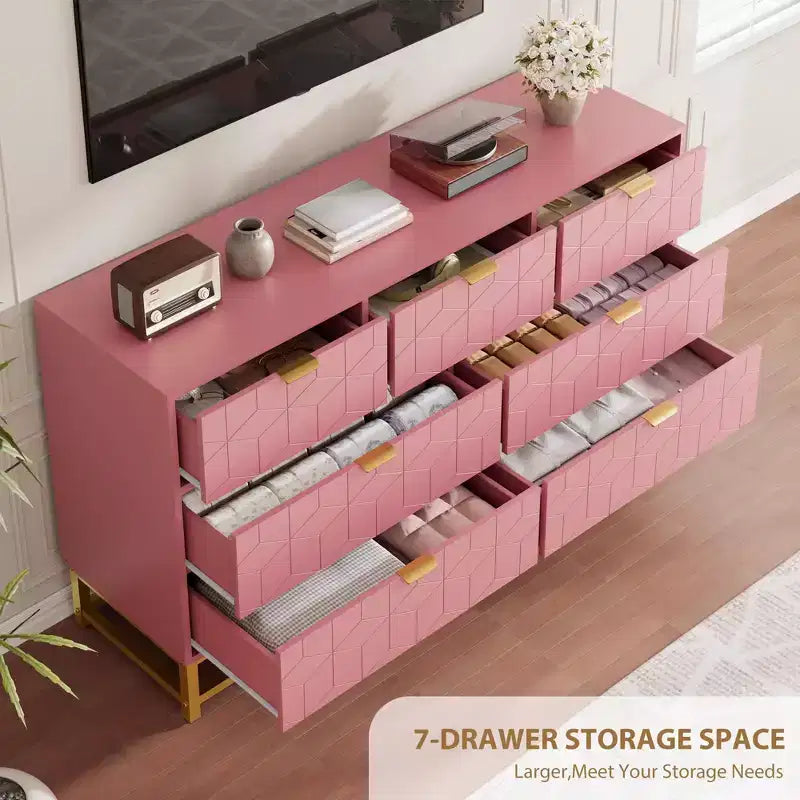 Commode moderne rose à 7 tiroirs avec accents dorés, pour chambre à coucher, salon, grande armoire de rangement anti-basculement