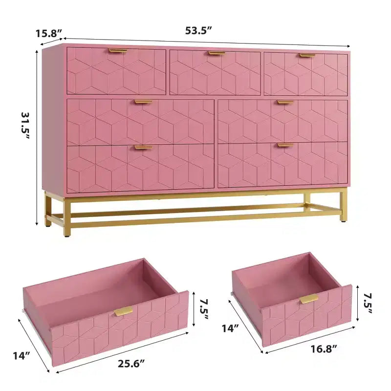 Commode moderne rose à 7 tiroirs avec accents dorés, pour chambre à coucher, salon, grande armoire de rangement anti-basculement